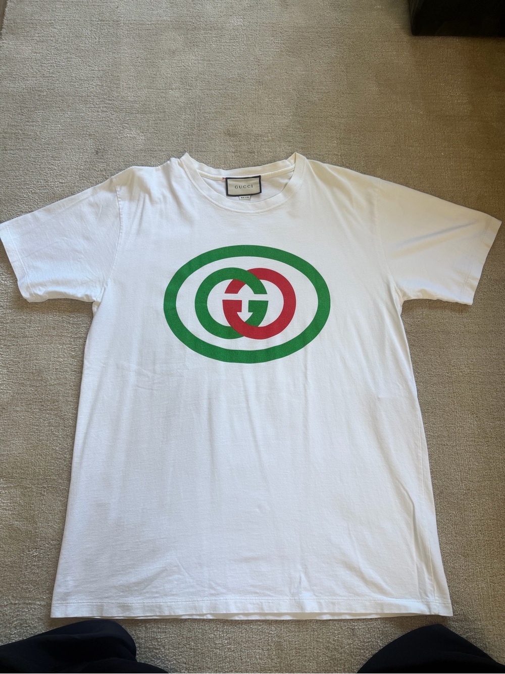Gucci White Tee with Green and Red Interlocking Logo